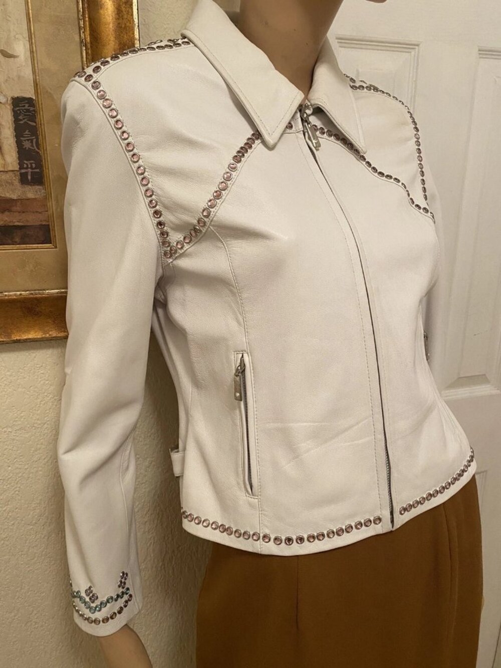 CRIPPLE CREEK Off White Leather Rhinestones Embellished Blingy Jacket S Small - Picture 5 of 16